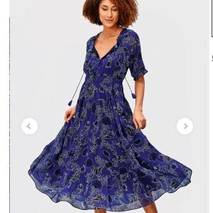eShakti Georgette front tie Royal Blue Patterned Midi Dress size 10/12